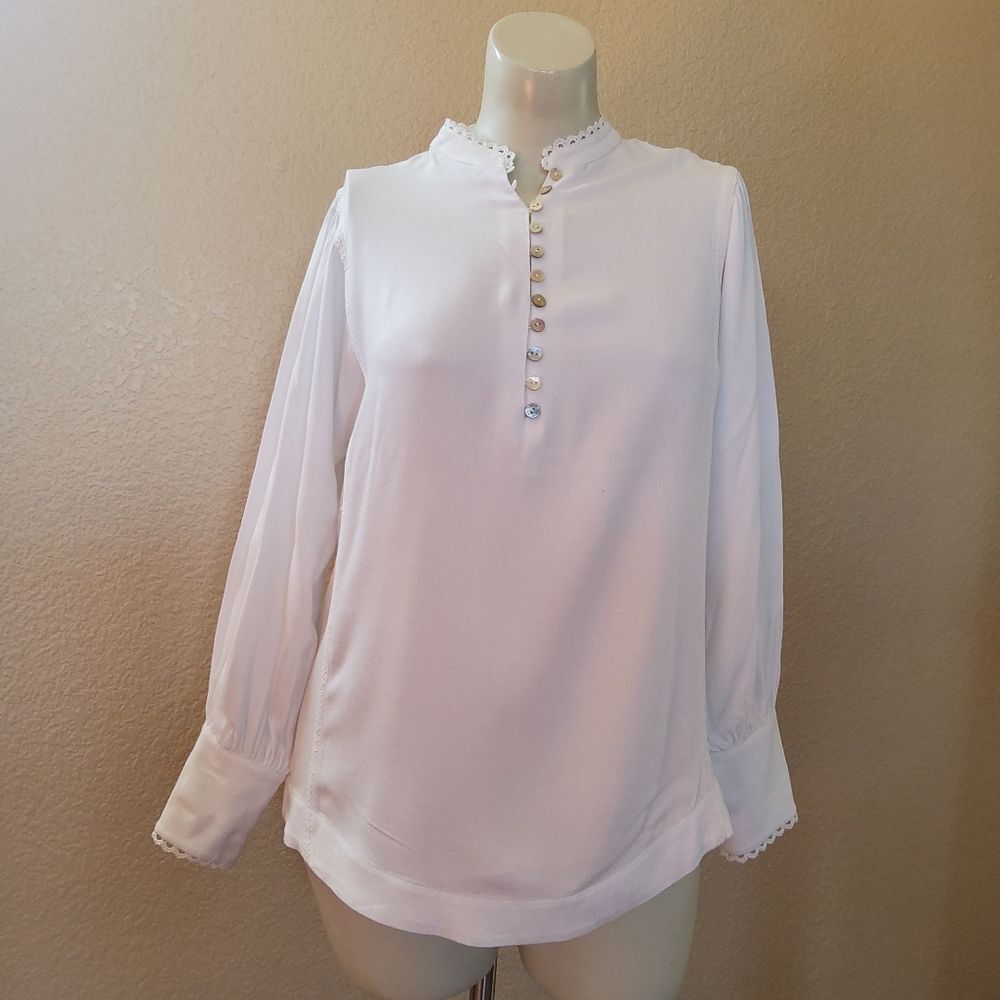 New Soft Surroundings Embroidered Button Up Long Sleeve Henley Top Size M White